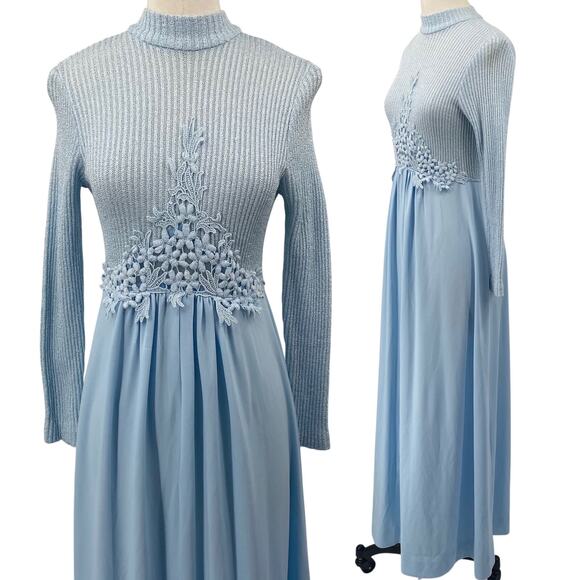 Vintage 70s Knit Floral Embellished Fit & Flare Maxi Dress Long Powder Blue S - Picture 1 of 9
